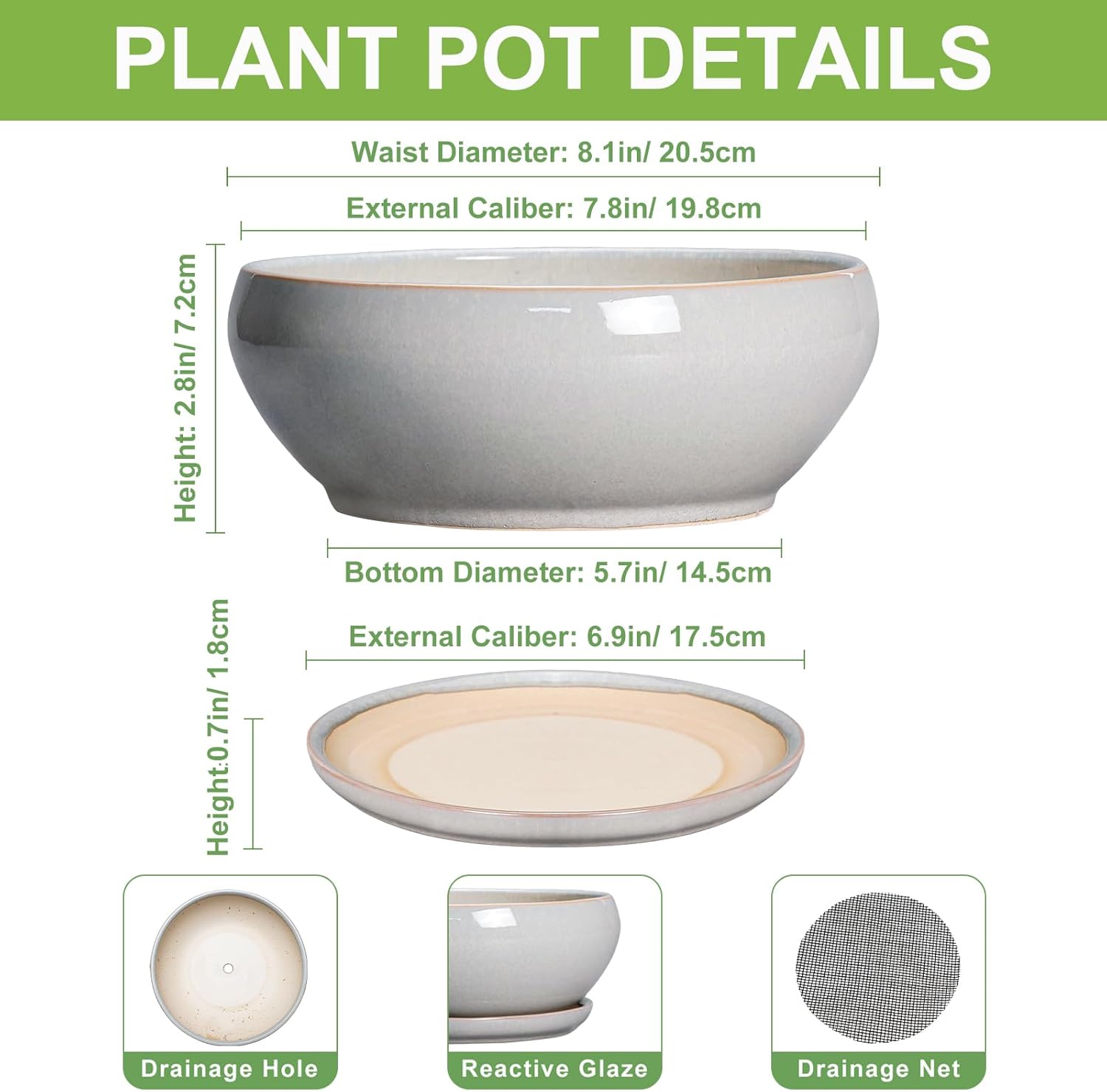 SQOWL Bonsai Tree Pots - 8 Inch Ceramic Plant Pots for Succulents, Shallow Planter with Drainage Hole and Saucer, Round Planter Indoor Outdoor, Bowl Planters, Home Decor, Gift for Plant Lover, Gray