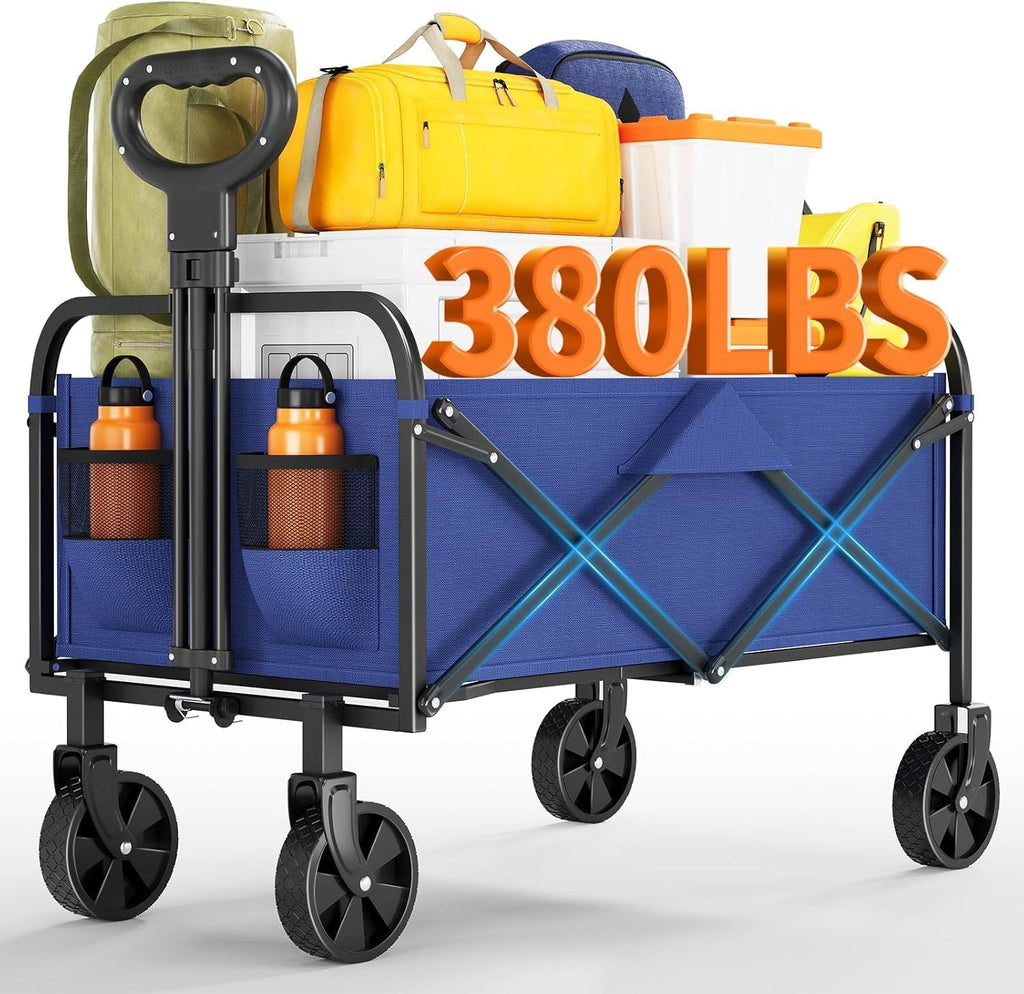 Foldable Wagon Cart, 380LBS Capacity Collapsible Wagon with All-Terrain Wheels, 220L Foldable Utility Cart & Grocery Cart on Wheels, Portable Lightweight 12LBS for Outdoor, Beach, Garden (Blue)