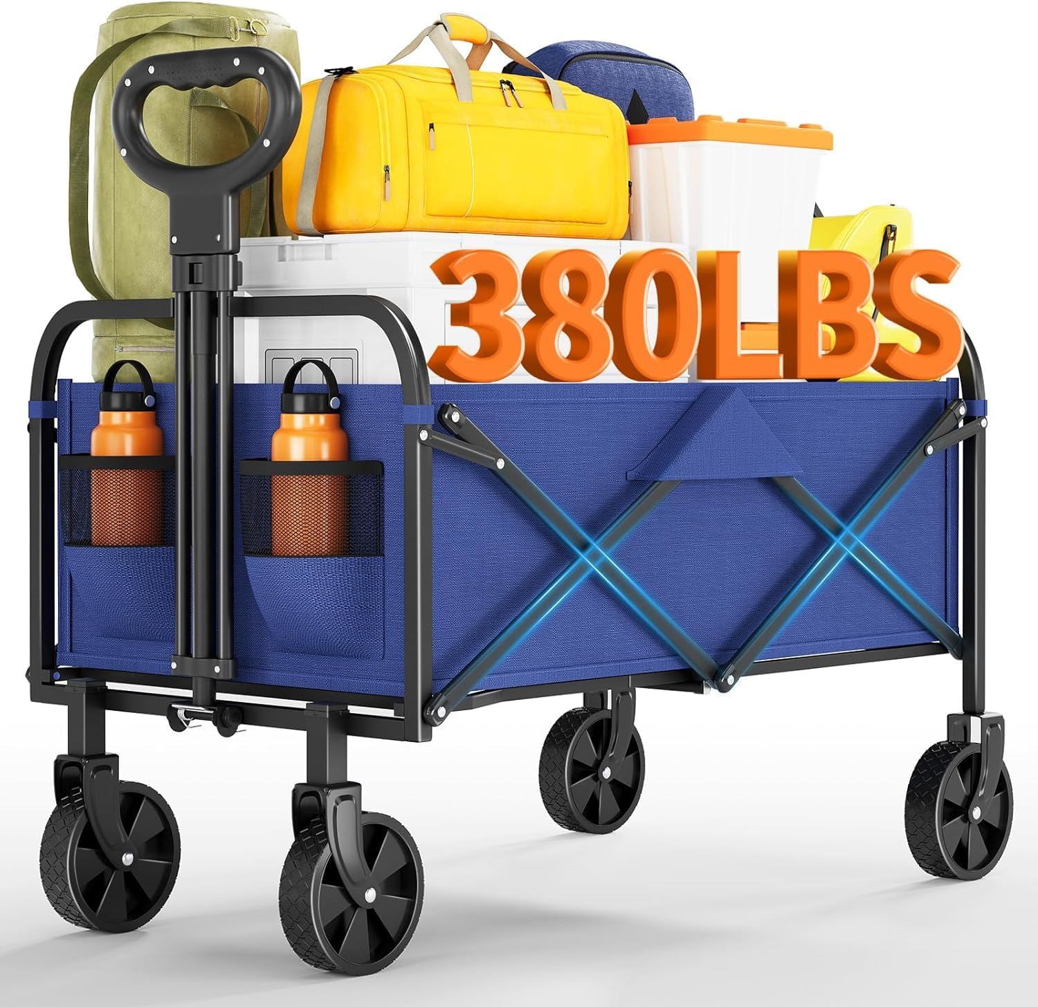 Foldable Wagon Cart, 380LBS Capacity Collapsible Wagon with All-Terrain Wheels, 220L Foldable Utility Cart & Grocery Cart on Wheels, Portable Lightweight 12LBS for Outdoor, Beach, Garden (Blue)