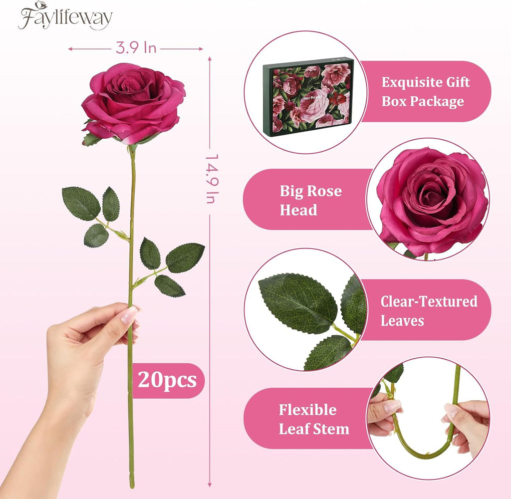 20PCS Artificial Roses Flowers, 3.9'' Silk Flower Head Fake Fuchsia Rose with Long Stems, Realistic Faux Roses Bouquet for DIY Wedding Home Party Office Decoration