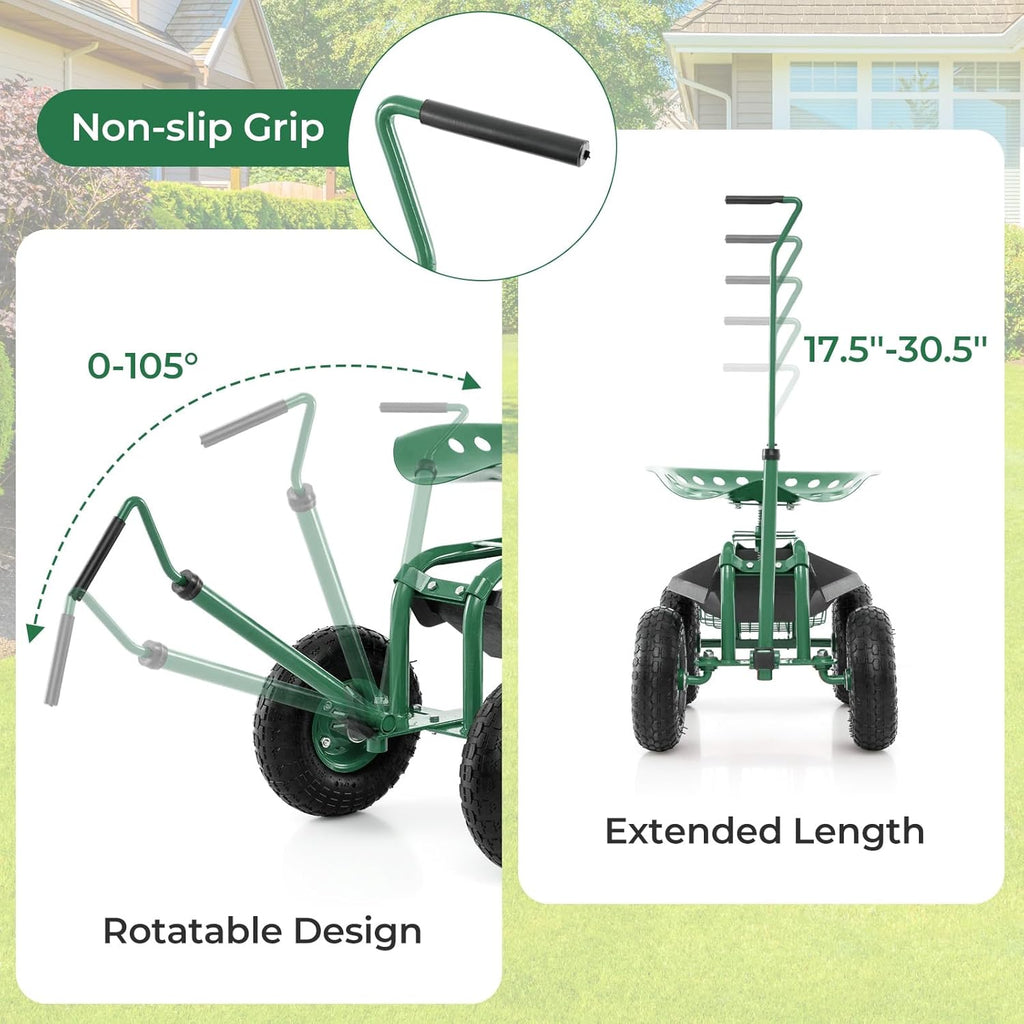 Rolling Garden Seat, Garden Stool with Wheels, Extendable Handle, Storage Basket & Tool Tray, Garden Scooter with 360 Degree Swivel Seat for Outdoor & Yard (Green)