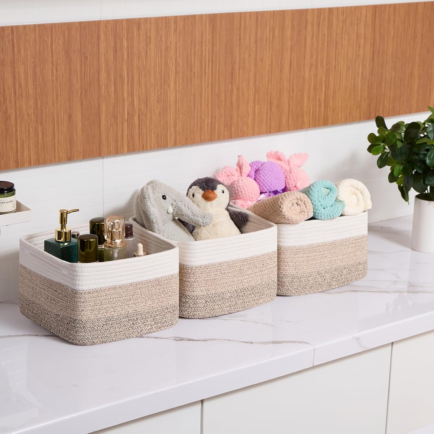 Small Organizing Baskets for Cubes Shelf, 9.7x9.7x7.1 Inch Rope Woven Storage Bins for Nursery Shelves Storage, Cute Toy Basket, Square 3 Packs Gradient Brown