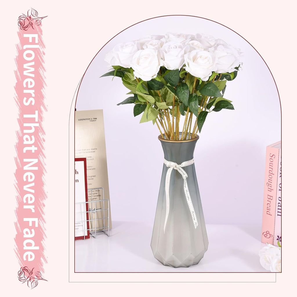 55 PCS Fake Roses Artificial Flowers Bulk, White Roses Bridal Bouquet Silk Faux Rose with Stems for Wedding Flowers Decoration, Valentine's Day, Bridal Bouquet, Anniversary,Home Decor (55PCS, White)