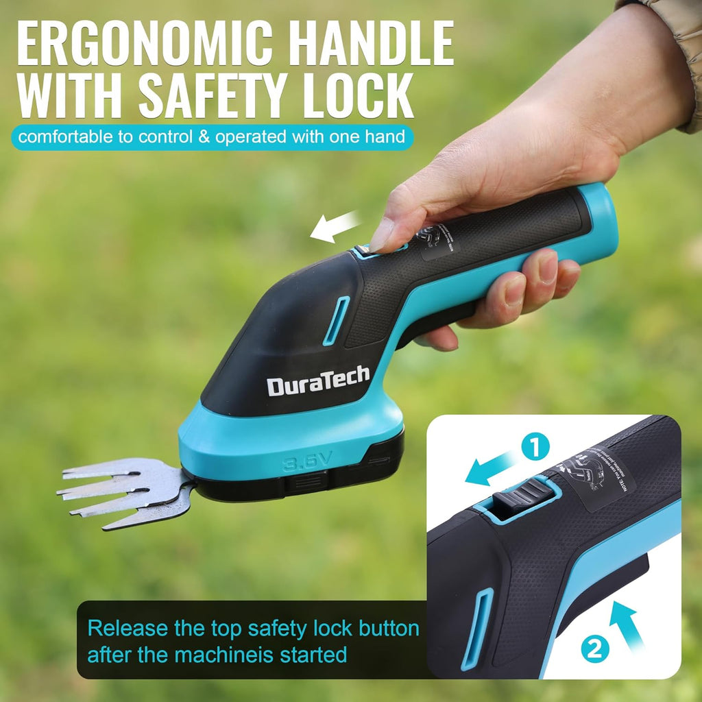 DURATECH Cordless Hedge Trimmer, 3.6V 2-in-1 Handheld Rechargeable Grass Trimmer & Hedge Shears with USB Type-C Cable, Built-in Li-ion Battery, Electric Shrub & Grass Shears for Garden, Yard and Lawn