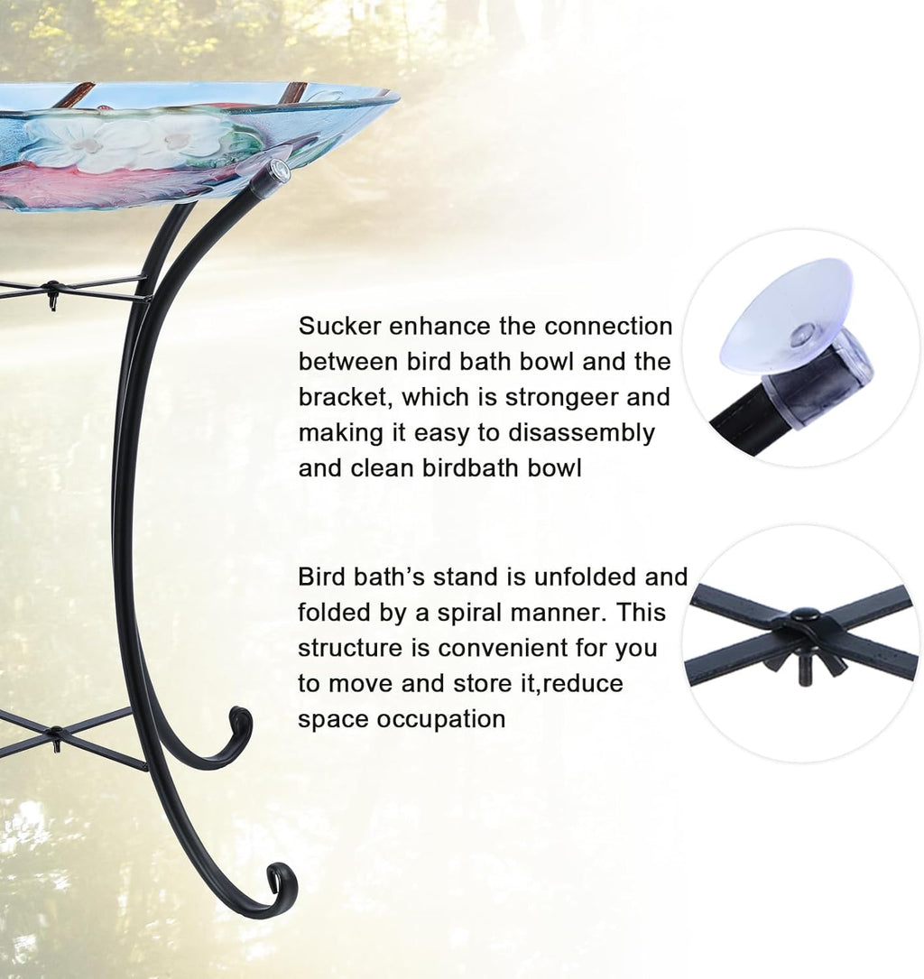 MUMTOP Outdoor Glass Birdbath with Metal Stand for Outside Yard Garden Decor, 18 inch Diameter Red Caridnals Bird Baths Bowl for Outdoors, 21.65 inch Height