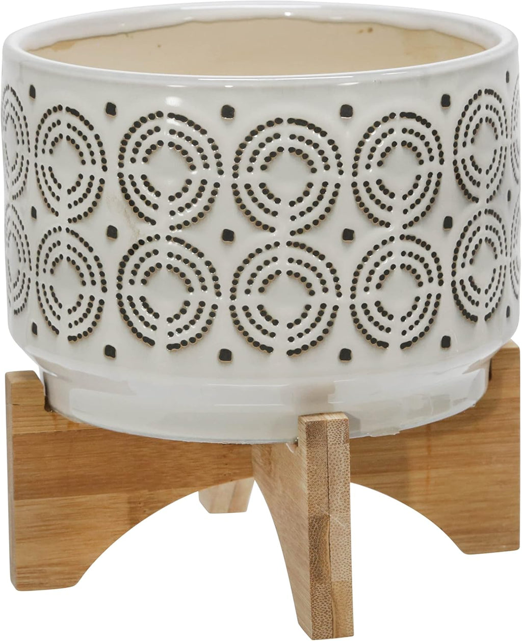 Sagebrook Home Ivory Ceramic Planter with Wooden Stand - Decorative Indoor/Outdoor Plant Pot - Modern Boho Home & Garden Decor - Stylish Round Flower Pot for Succulents & Herbs - 8", Ivory & Tan