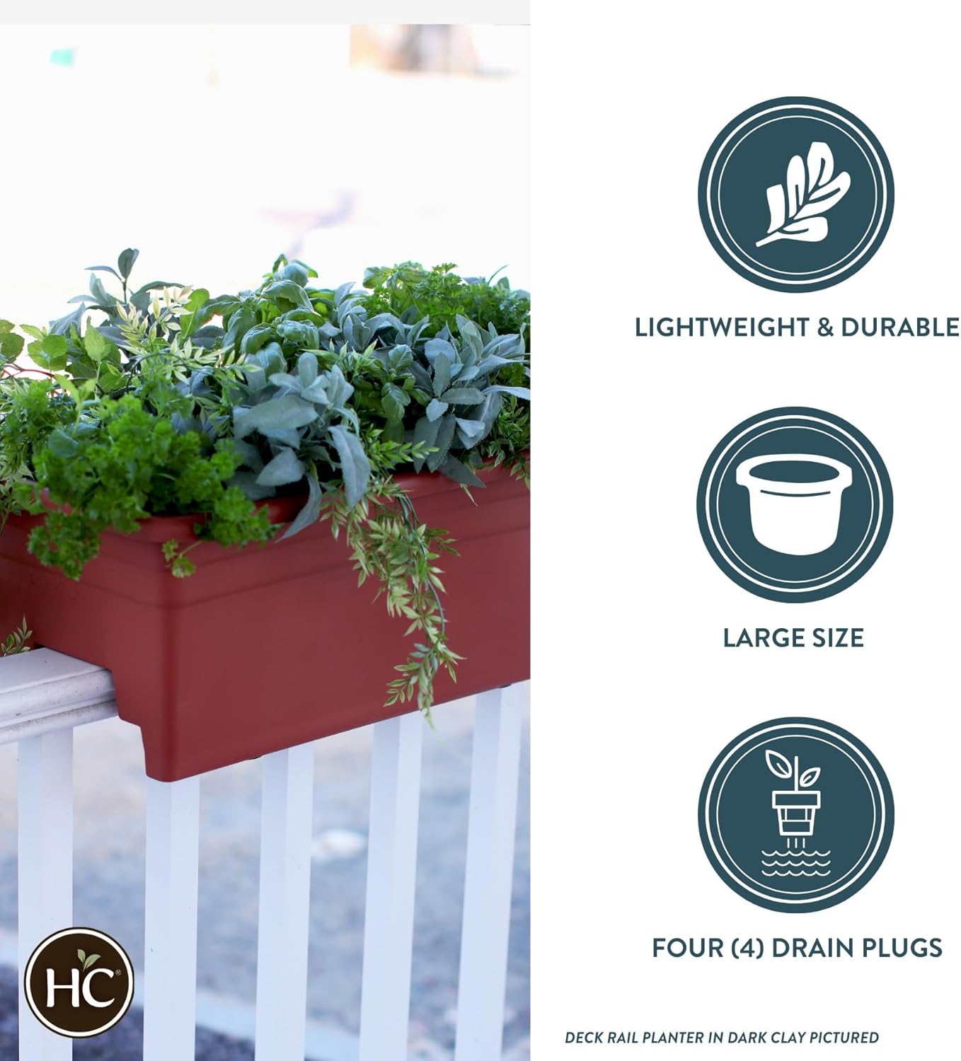 The HC Companies Deck Railing Planter Box w/Removable Drain Plugs - Lightweight & Weatherproof Plastic Flower Box - Balcony Planters for Railing and Fence (24”, Clay)