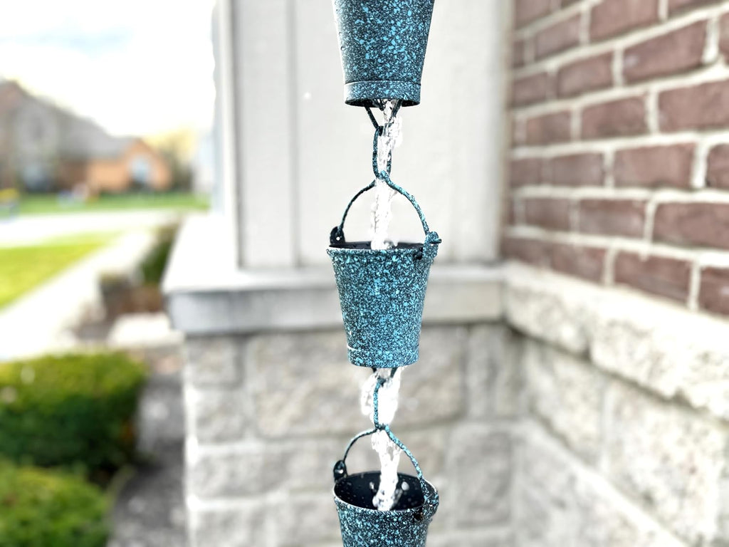 U-nitt Rain Chain Water Collection for Gutters, Rainwater Catcher & Diverter, 8.5 FT Chains for Outside Garden, Patina Bucket Cups, Roof Downspout, Works with Heavy Rain, w/Gutter Clip for Rainchains