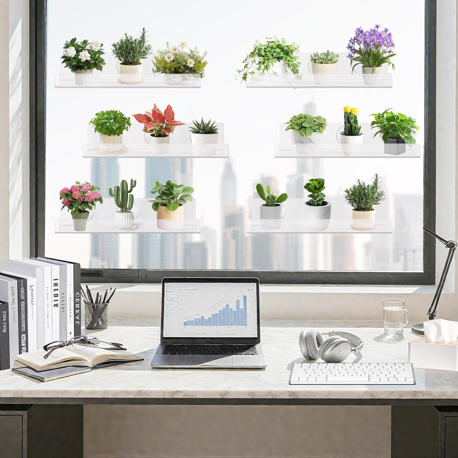 Windproof Window Plant Shelves 6 Pack - 15" Suction Cup Floating Shelf Set for Indoor Plants, Herb Gardens, Books & Decor, Bathroom and Kitchen Space-Saving Wall-Mounted Clear Acrylic Sill Extender