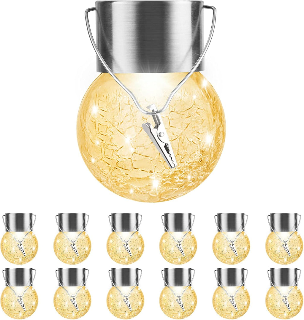 Solar Outdoor Lights Decorative 12 Pack, Hanging Solar Garden Lights Waterproof, Solar Powered Globe Cracked Glass Ball Lantern for Yard Patio Fence Tree Umbrella Holiday Decoration, Warm White