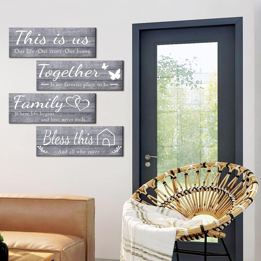 Joyhawk 4 Pieces Wall Decor Signs, THIS IS US, TOGETHER, BLESS THIS HOME, FAMILY Rustic Wooden Farmhouse Wall Art Décor For Living Room Bedroom Kitchen, , 4.7 x 13.8 Inch(Grey)