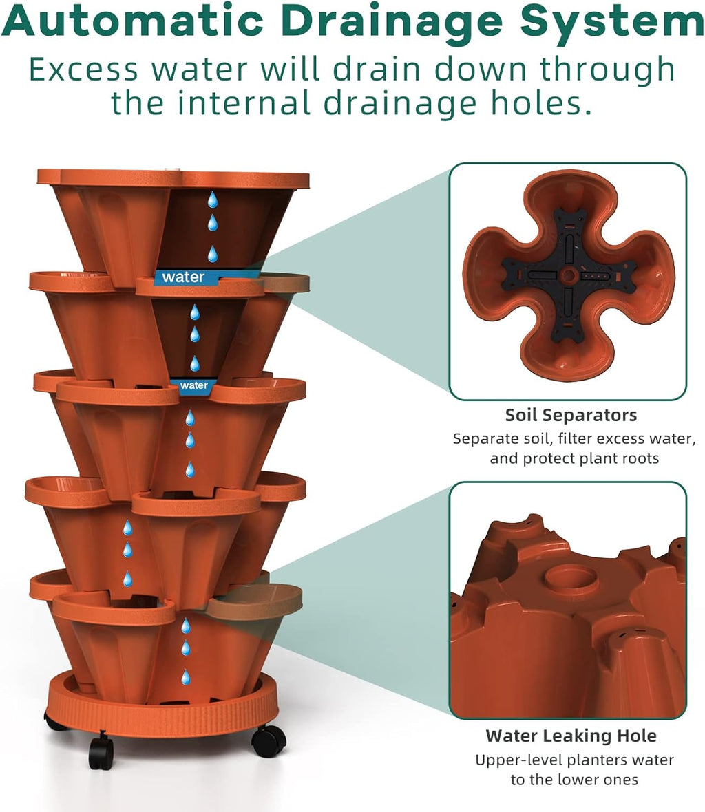 Strawberry Stackable Planter, Vertical Tower Garden, 5 Tiered Stacking Herb Vegetable Planters with Movable Casters and Bottom Saucer Indoor and Outdoor - Terra Cotta