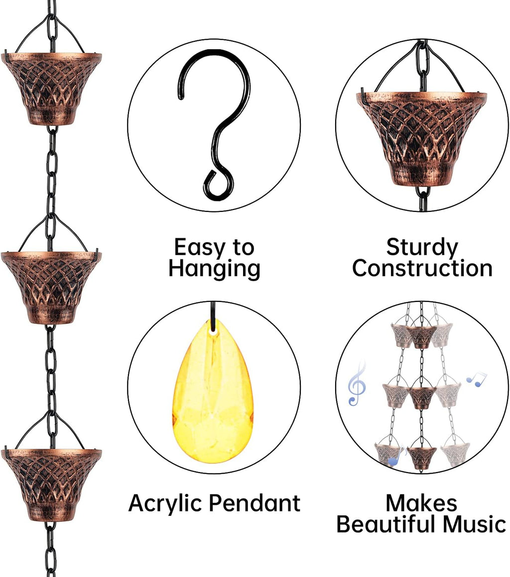 Rain Chains for Gutters Outside 8.5FT Copper Rain Catcher Chain with 12 Cups Decorative Replacement for Downspout