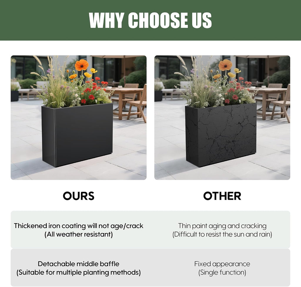 Tall Metal Planter for Outdoor Plants,38"Lx13"Wx30"H All-Weather Durable Plant Box,Large Rectangular Planter with Drainage Holes & Removable Shelf,Modern Decor for Tall Small Plants, Trees, Flowers