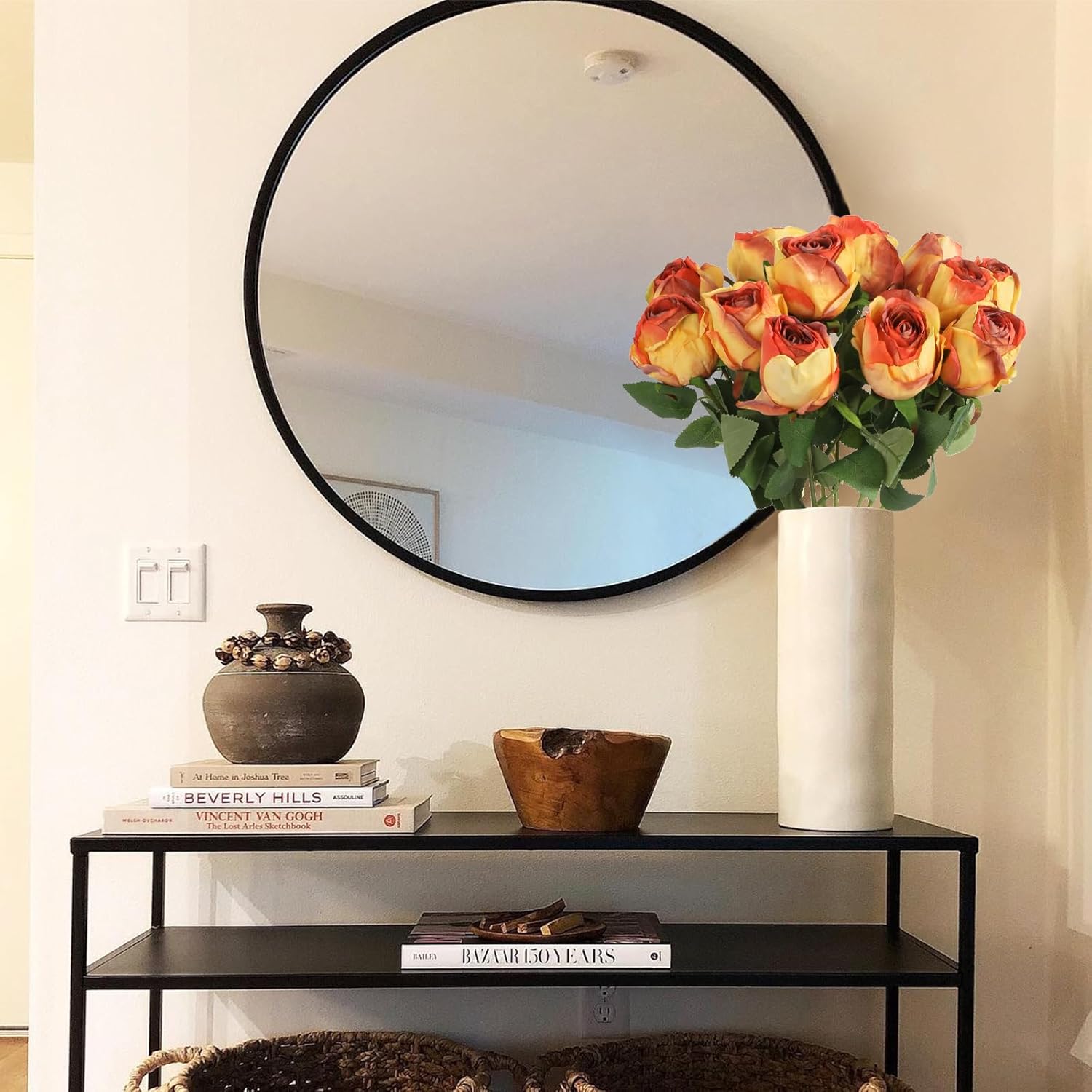 12pcs Orange Roses Artificial Flowers Vintage Burnt Edge Rose 20" Realistic Silk Roses Bouquet with Long Stem for Wedding Party Floral Centerpieces Decoration (Orange)