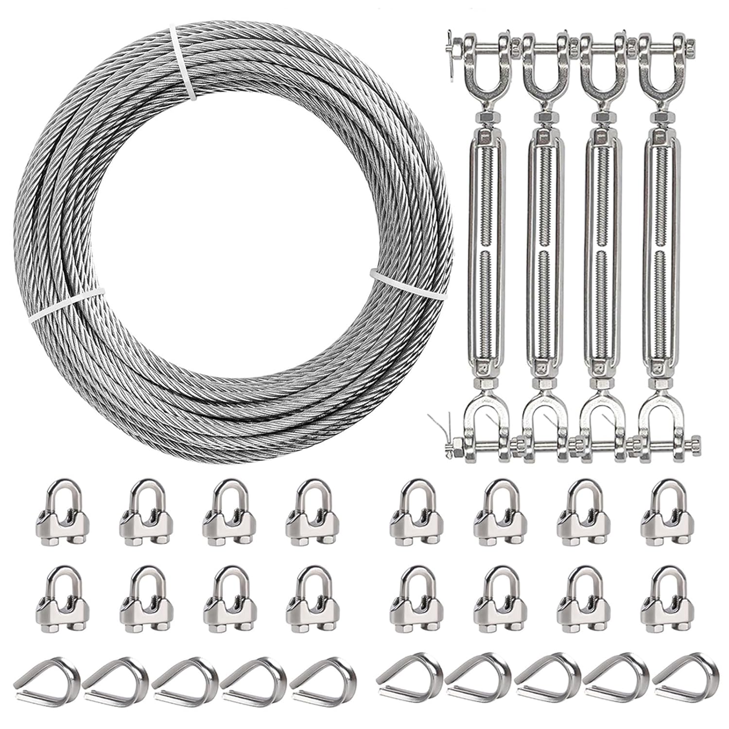 1/4" Wire Rope Kit, 100ft Stainless Steel Cable with 4Pcs 1/4 Turnbuckle, Clamp & Thimble, 7x19 Strands Heavy Duty Metal Cable,1400 lbs Load Limit, Turnbuckles for Cables Wire, Zipline