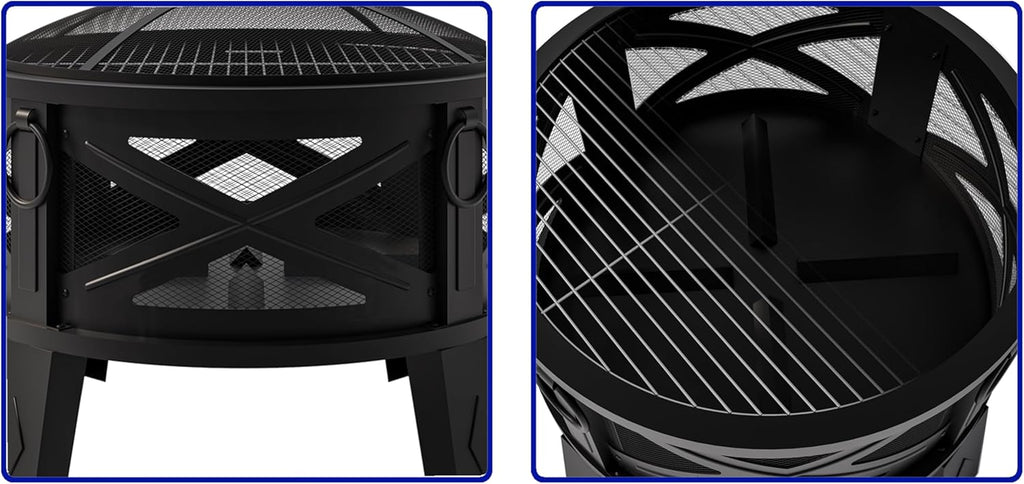 Fire Beauty 26"Steel Fire Pit with Grill Grate&Spark Screen,360° Airflow Boost Technology,Less Smoke,Larger Flames,Heavy-Duty Portable Camping Fire Pit for Backyard,Beach,RV (22lbs,4 Handles,Dual-Use)