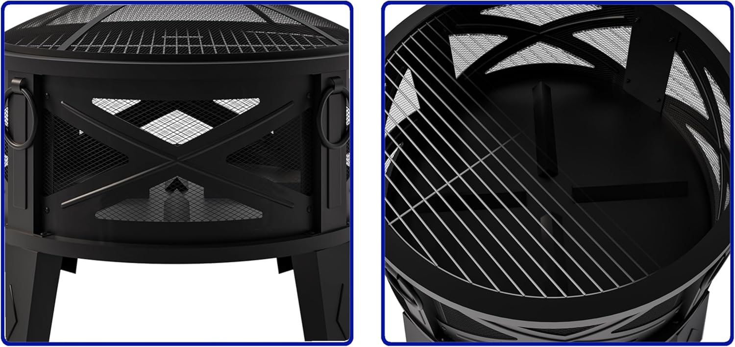 Fire Beauty 26"Steel Fire Pit with Grill Grate&Spark Screen,360° Airflow Boost Technology,Less Smoke,Larger Flames,Heavy-Duty Portable Camping Fire Pit for Backyard,Beach,RV (22lbs,4 Handles,Dual-Use)