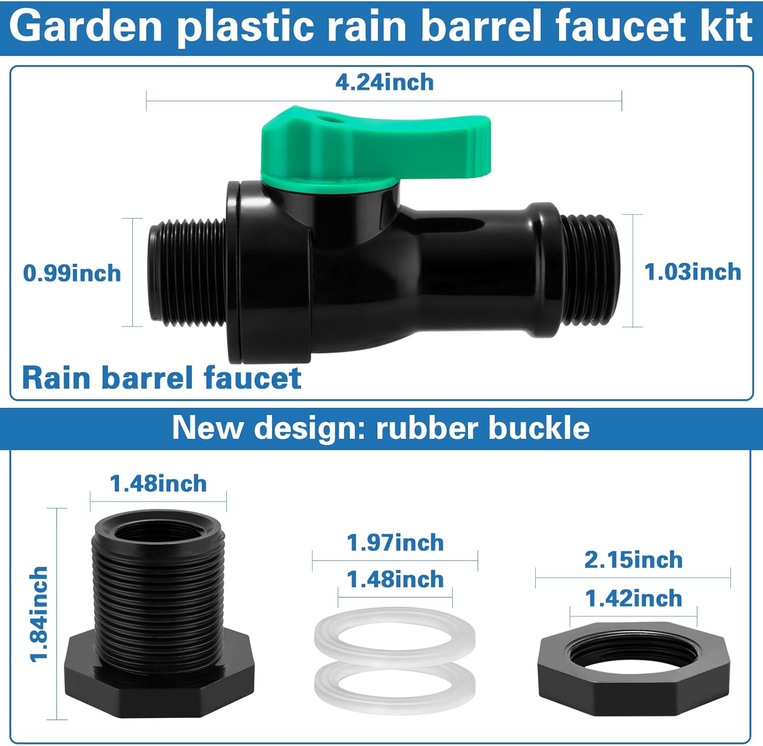 Plastics Rain Barrel Spigot Kit,High Flow Valve Core Water Tank Faucet+PVC Bulkhead Fitting,Straight Head 3/4 NPT to 3/4 GHT Rain Barrel Spigot for Plastic Bucket rainwater Drum Container