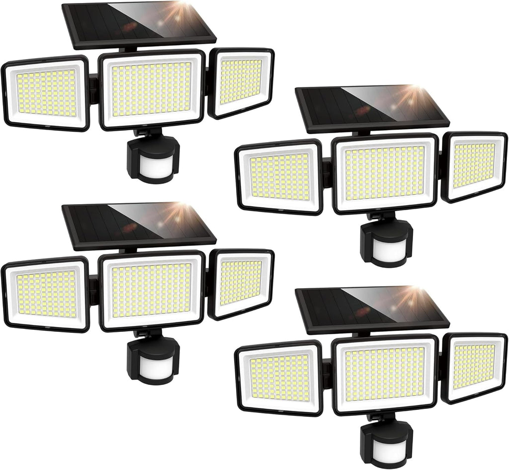 UME Solar Outdoor Lights 302 LED 3000LM, IP65 Waterproof Motion Sensor Outdoor Lights, 3 Heads Solar Security Flood Lights 270 Wide Lighting Angle with 3 Modes for Garden Patio Yard - 4 Pack