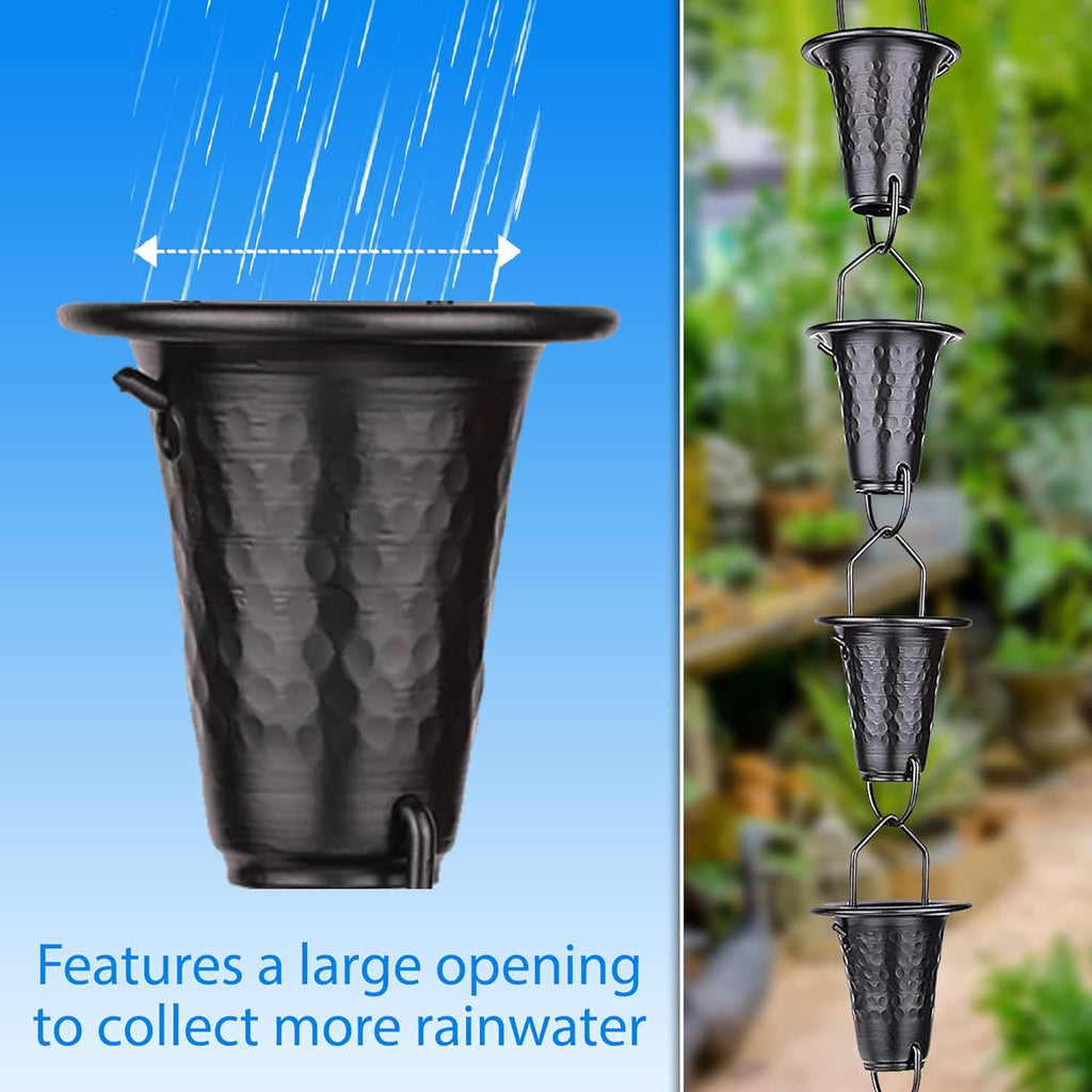 Hand-Hammered Fluted Rain Chain 8.5 FT – Black Powder-Coated Aluminum - Functional and Decorative Replacement for Gutter Downspouts - Premium Rain Chains for Gutter