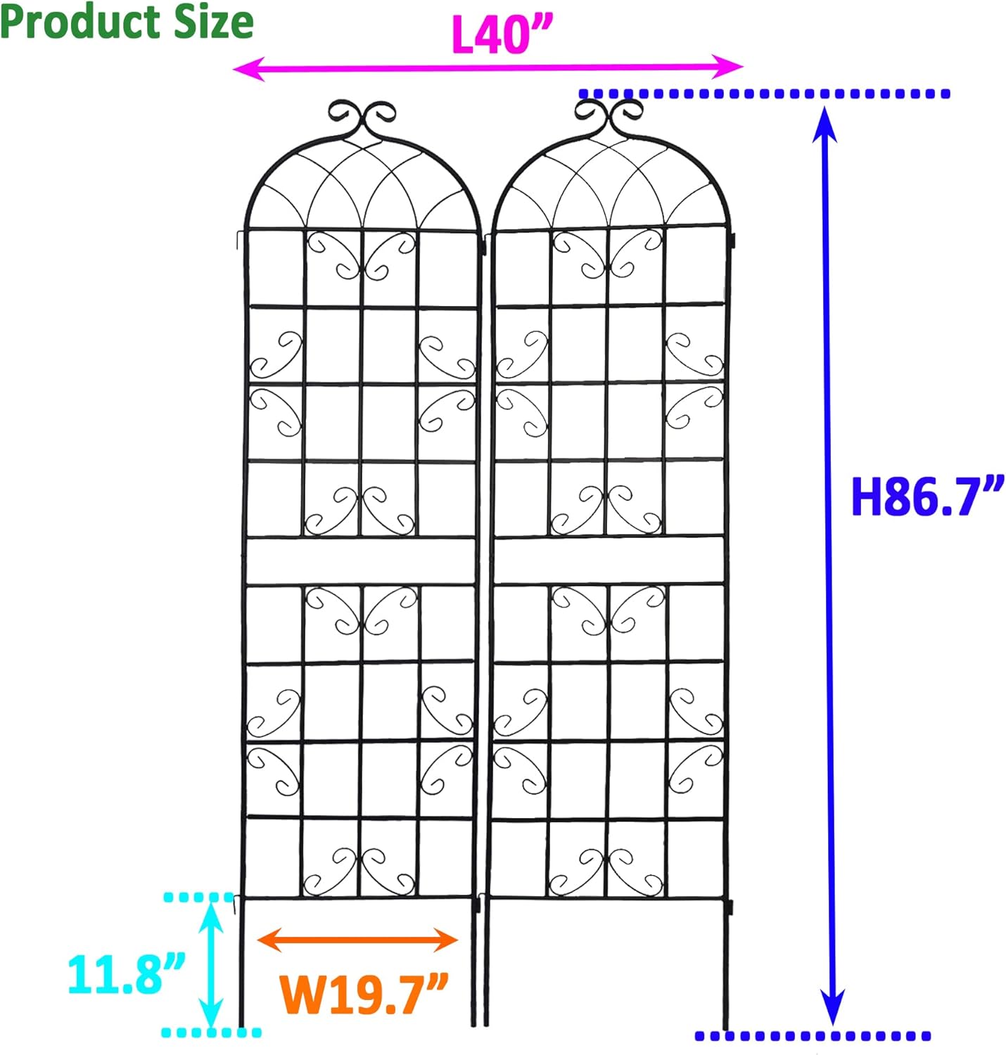 2 Pack Metal Garden Trellis 86.7" H Garden Fence Rustproof Trellis for Climbing Plants Support Roses Flower Outdoor Lawn, Black 7.2 FT Tall