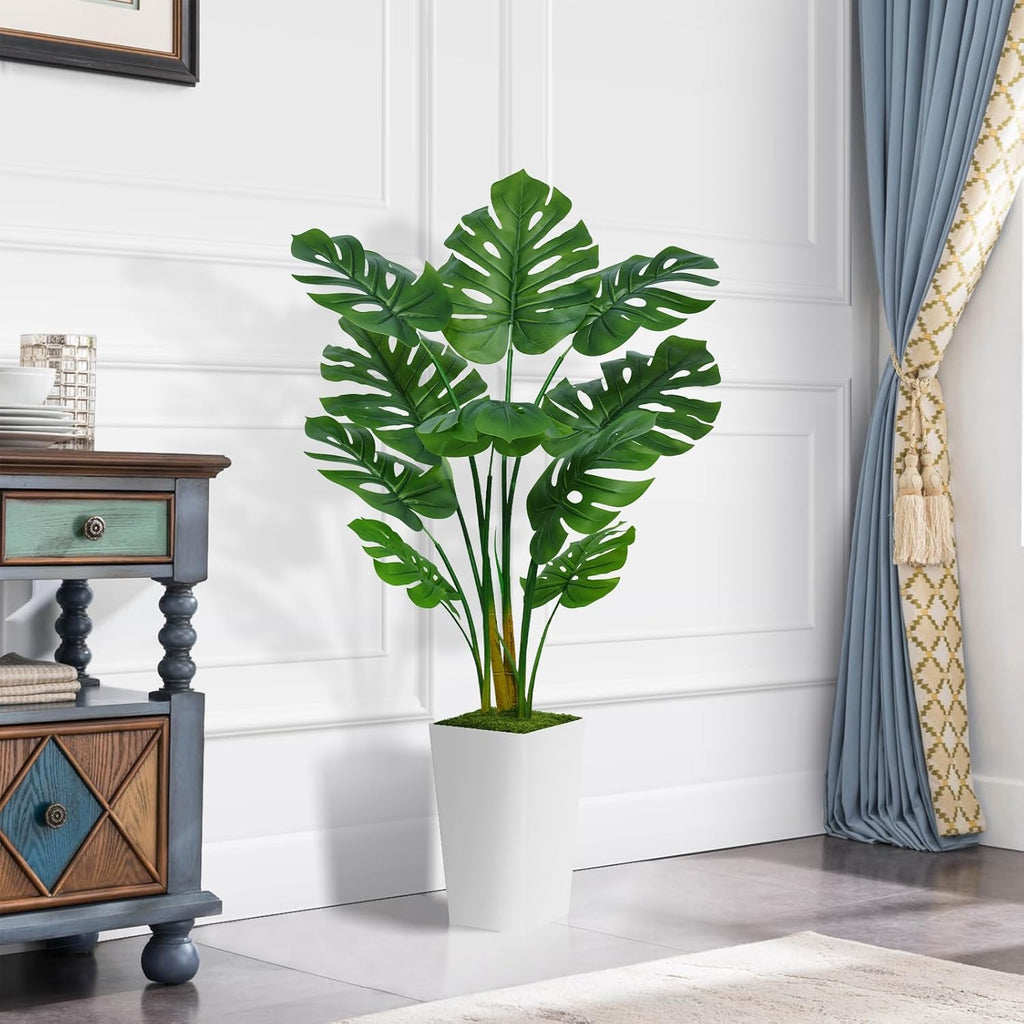 Artificial Monstera Deliciosa Plant 5FT - Faux Tropical Palm Tree with White Tall Planter - Fake Swiss Cheese Floor Plant Potted - Artificial Tree for Home Office Living Room Decor Indoor
