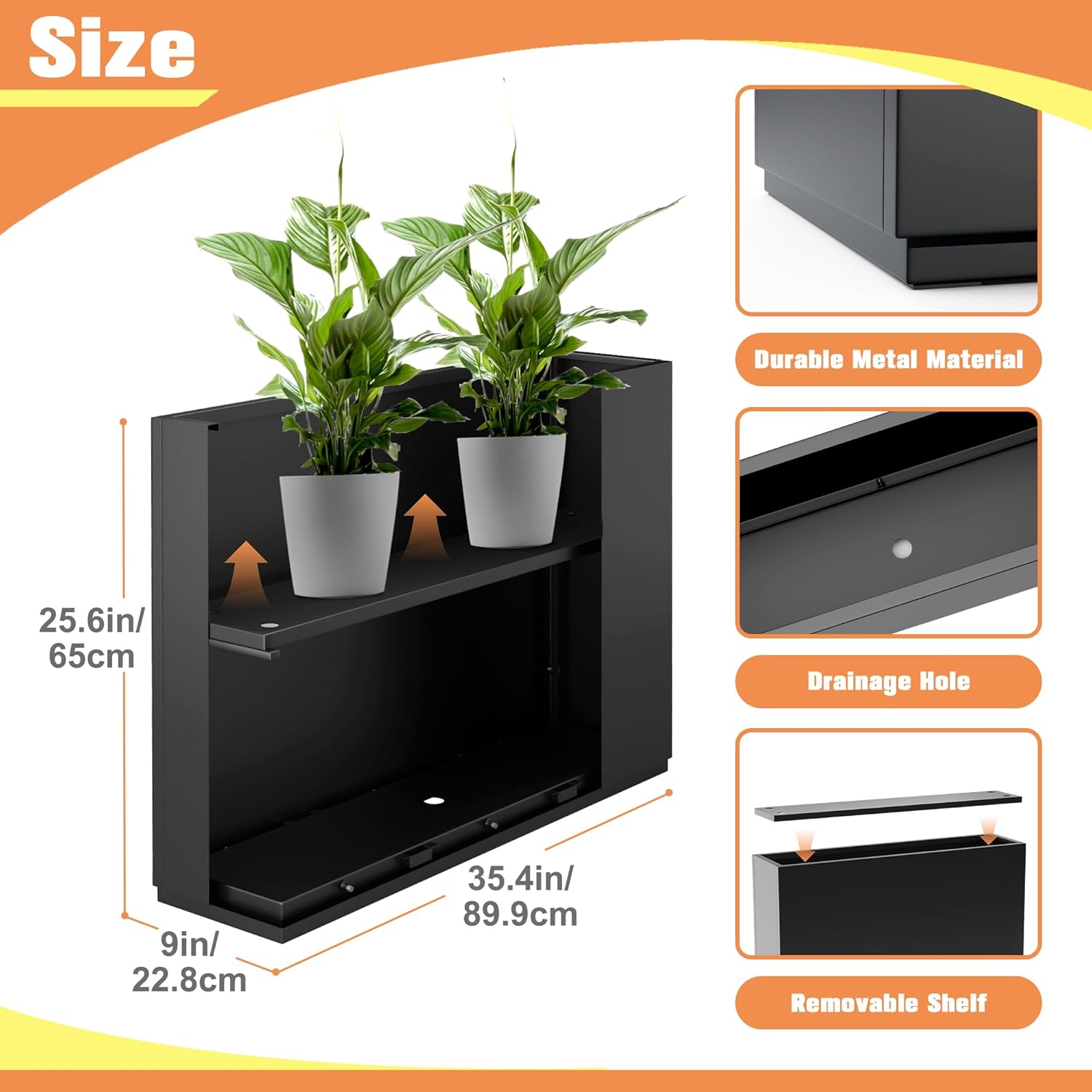 Rectangle Planter for Indoor & Outdoor, Tall and Long Planter Boxes with Drainage Holes, Mental Divider Planter Box All-Weather Use for Plants, Flowers, 35" L x 9" W x 26" H, Black