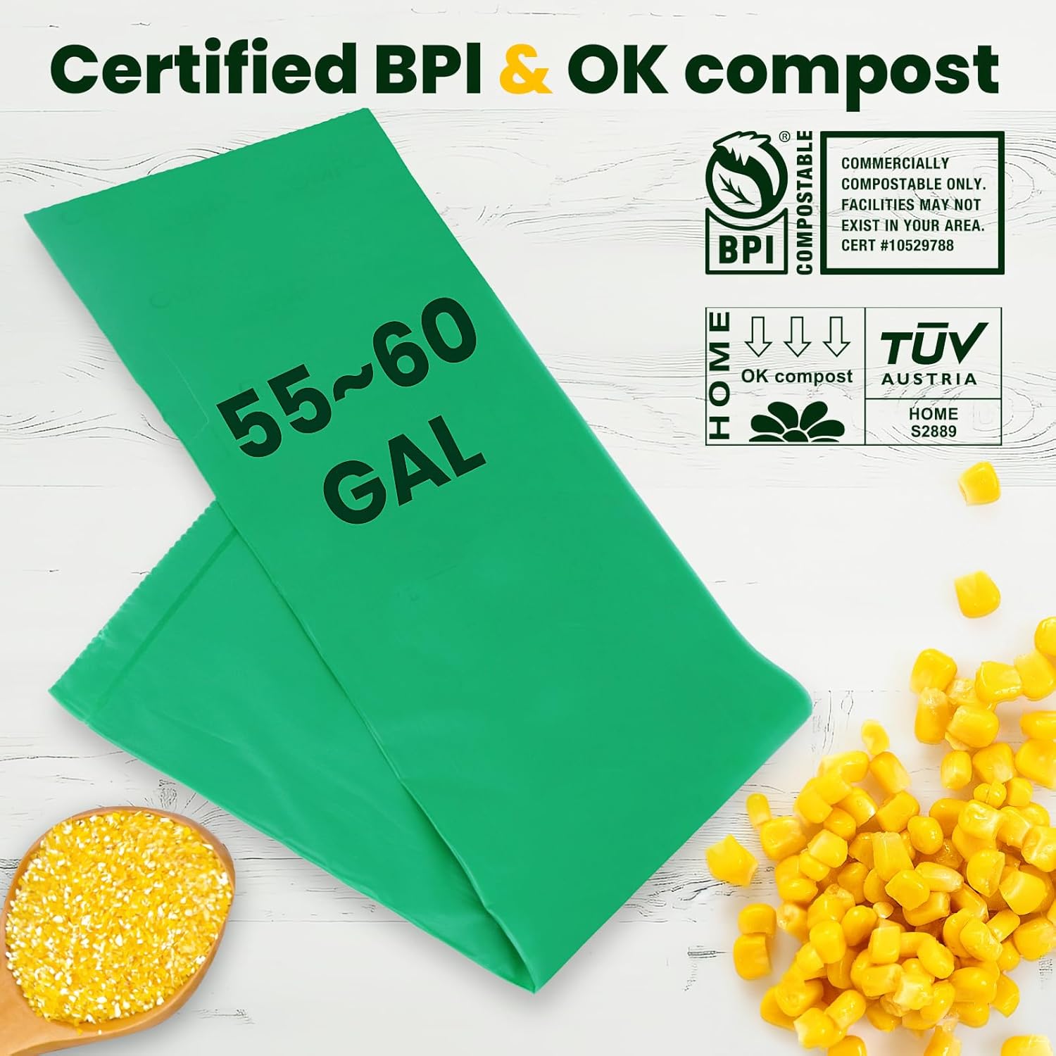 55-60 Gallon Compostable Trash Bags Liners, Heavy Duty Extra Thick 1.57 Mil, 208.2 Liter, 15 Bags, Lawn, Yard, and Restaurant Use, ASTM D6400, US BPI, OK Compost Home Certified