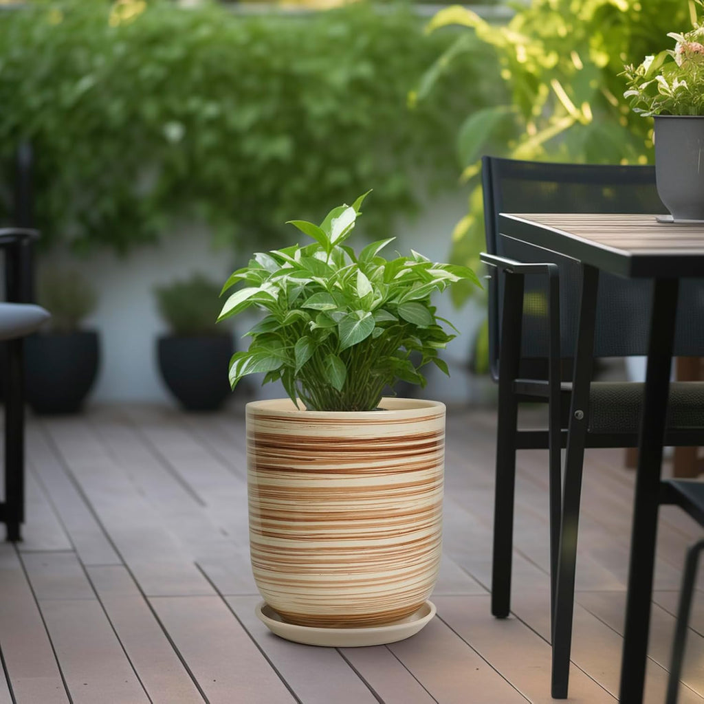Ceramic Planter 10 Inch - Ceramic Pots for Indoor Plants Outdoor Large Plant Pot with Drainage Hole and Saucer Cylinder Flower Pot Yellow