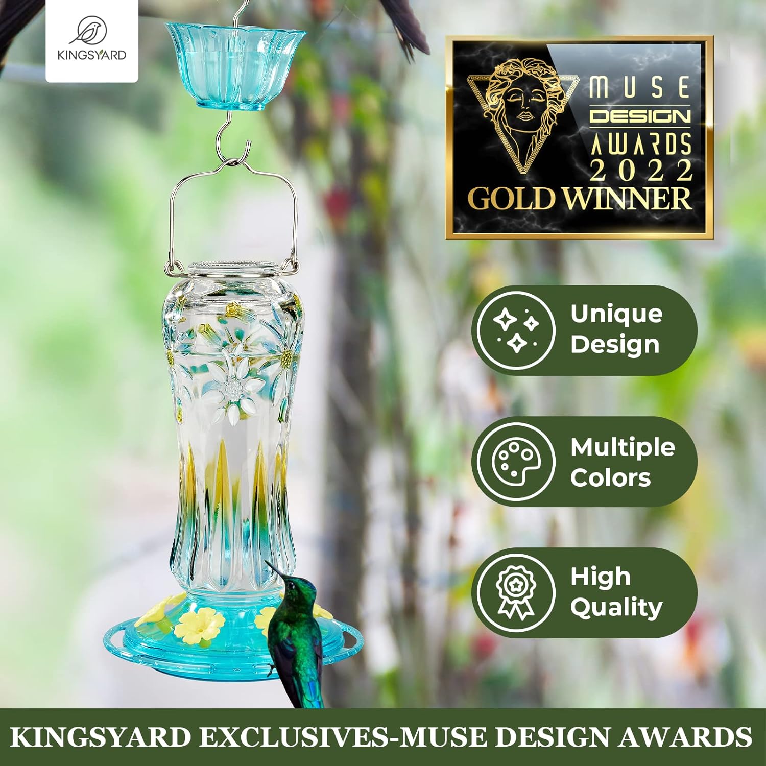 Kingsyard Hummingbird Feeder for Outdoors Hanging, 25 Ounces, Glass Humming Bird Nectar Feeder with Ant Moat & 6 Feeding Ports, Leak Proof, Turquoise