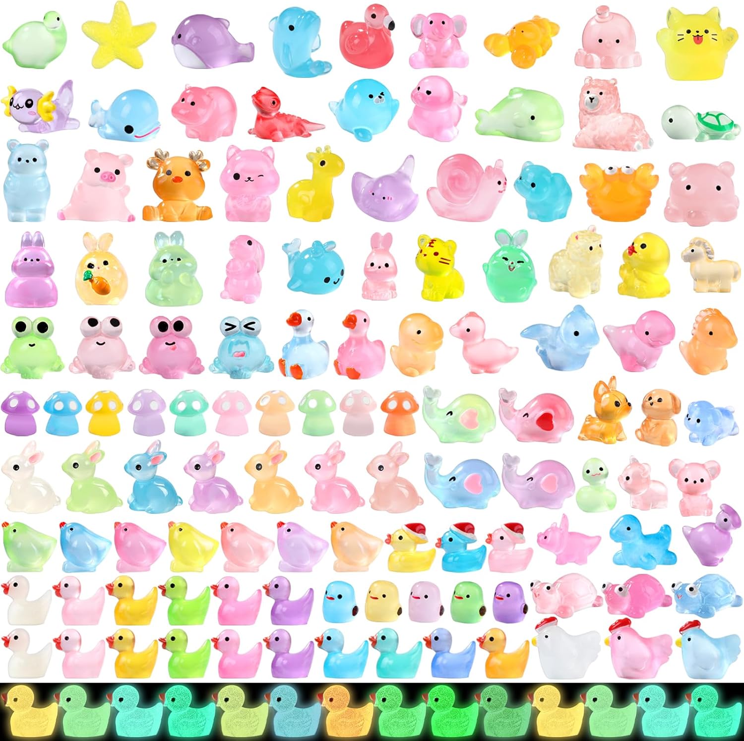 131pcs Luminous Mini Resin Animals, Glow in The Dark Tiny Small Little Animal Ducks Figures to Hide Miniature Figurines for Dollhouse Garden Micro Landscape Aquarium Decorations DIY Crafts