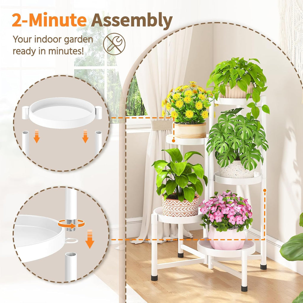 LASZOLA 5 Tiered Folding Plant Stand Indoor for Multiple Large Planter, Tall Heavy Duty Adjustable Rack with Rust Proof 10 Inch Wide Tray, Sturdy Vertical Tree Organizer for Narrow Inside Floor, White