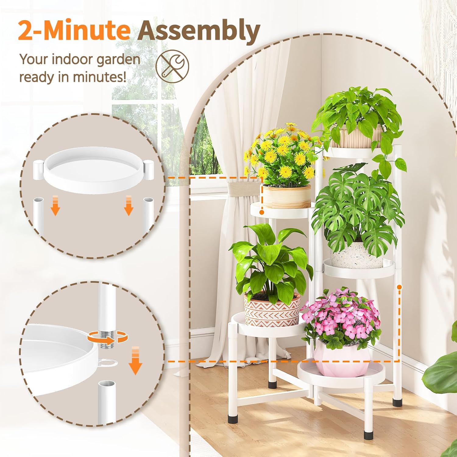 LASZOLA 5 Tiered Folding Plant Stand Indoor for Multiple Large Planter, Tall Heavy Duty Adjustable Rack with Rust Proof 10 Inch Wide Tray, Sturdy Vertical Tree Organizer for Narrow Inside Floor, White