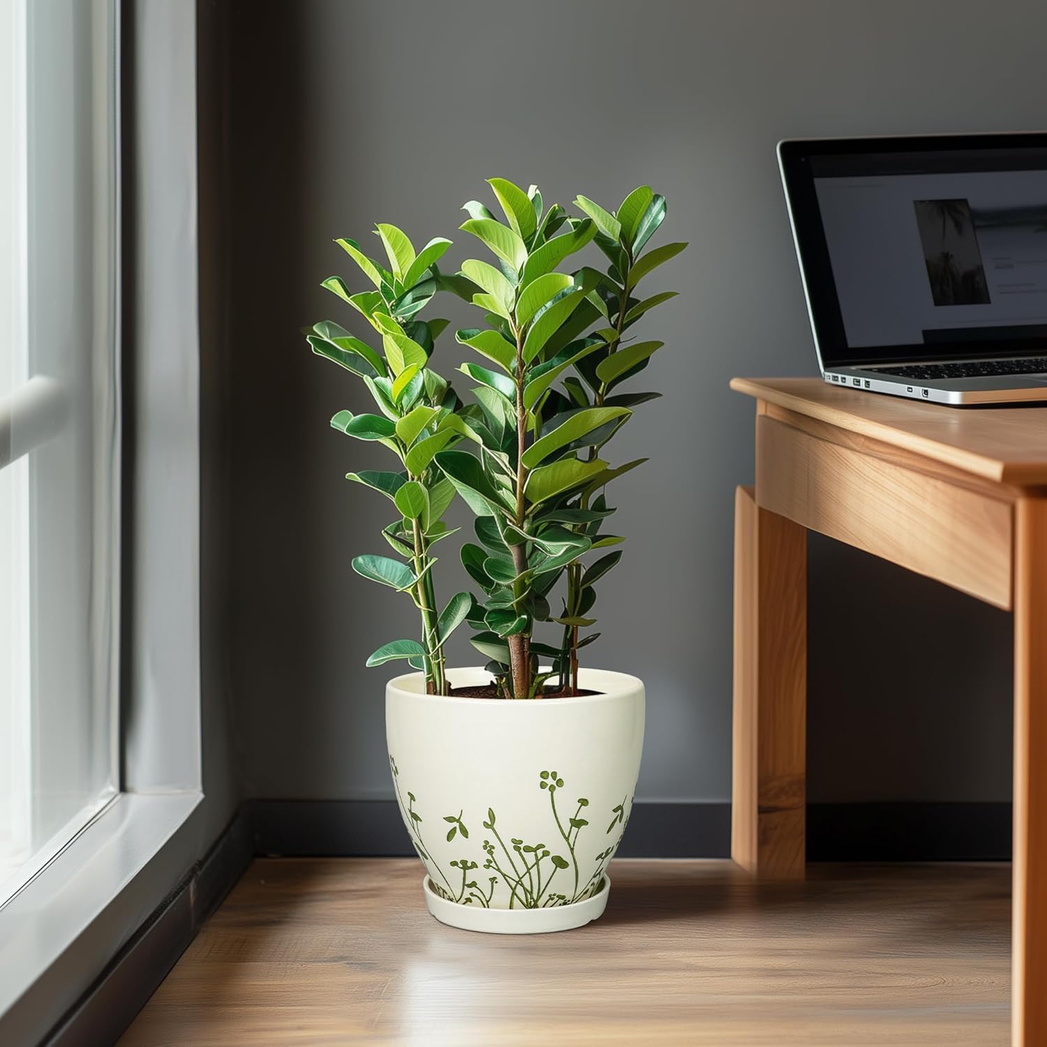 Ceramic Pot for Plants 10 Inch - Indoor Planter for Plants with Drainage Hole and Saucer, Decorative Boho Round Planter, Gardening Gifts for Women Men, Office Home Garden Decor, White