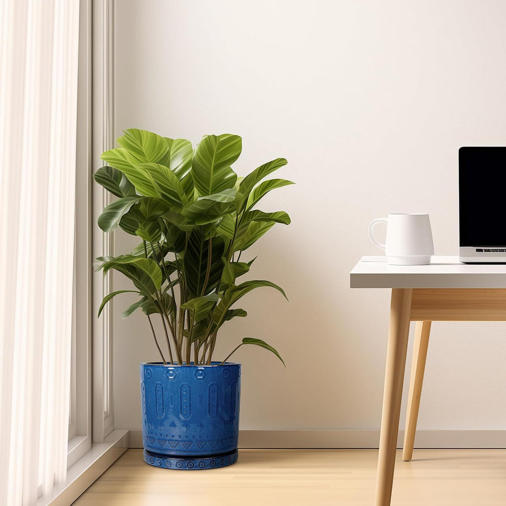 10 Inch Plant Pot - Ceramic Planter Outdoor Plant Pot Indoor with Drainage Holes and Saucer Large Flower Pot Round Decorative Planter for Garden Patio Decor Blue