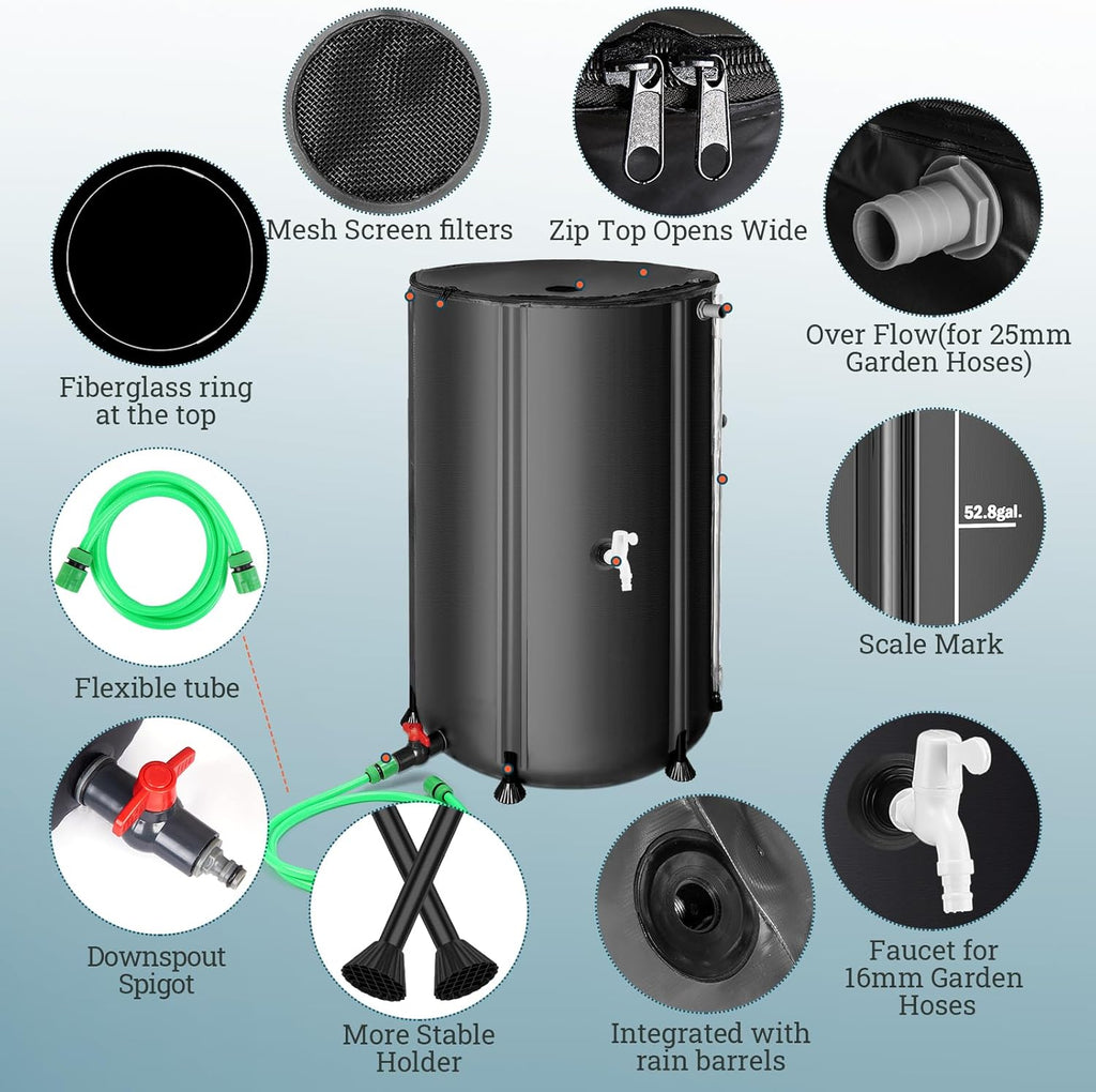 100 Gallon Collapsible Rain Barrel for Garden/Outside/Lawn, Portable Rainwater Collection System, Rain Barrel to Collect Rainwater from Gutter, Water Storage Tank with Two Spigots, Overflow Kit, Black