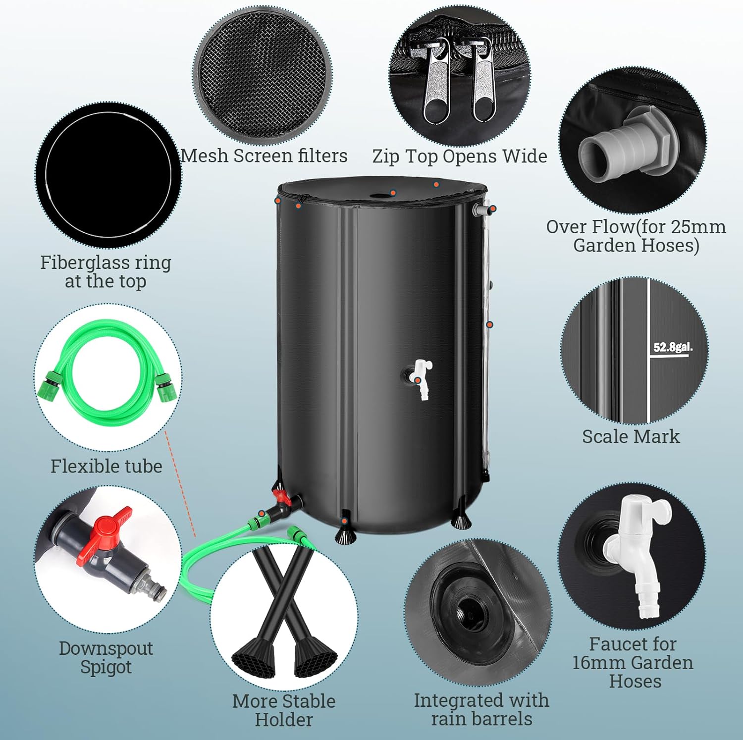 100 Gallon Collapsible Rain Barrel for Garden/Outside/Lawn, Portable Rainwater Collection System, Rain Barrel to Collect Rainwater from Gutter, Water Storage Tank with Two Spigots, Overflow Kit, Black
