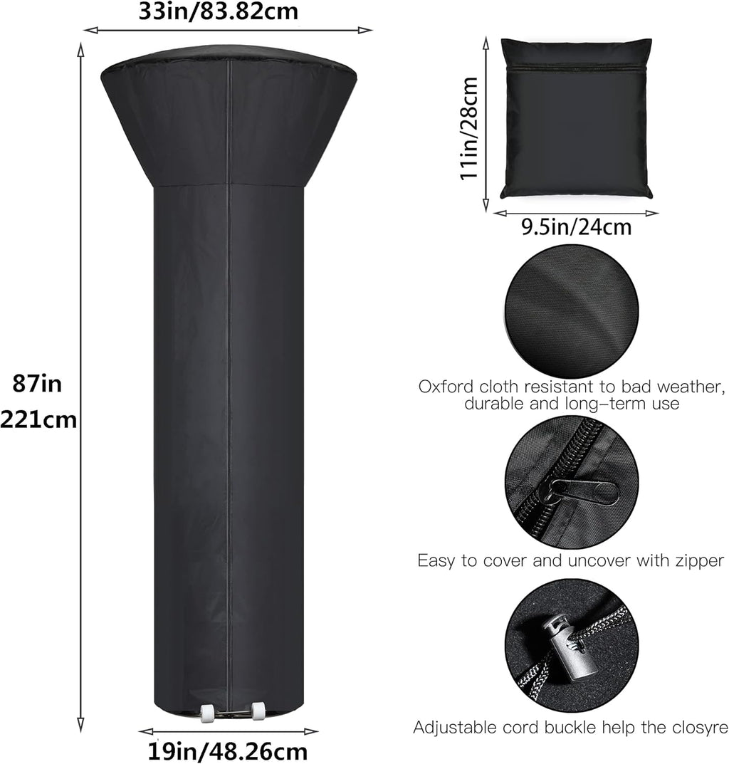 Patio Heater Covers with Zipper and Storage Bag,Waterproof,Dustproof,Wind-Resistant,Sunlight-Resistant,Snow-Resistant,Black,87'' Height x 33" Dome x 19" Base