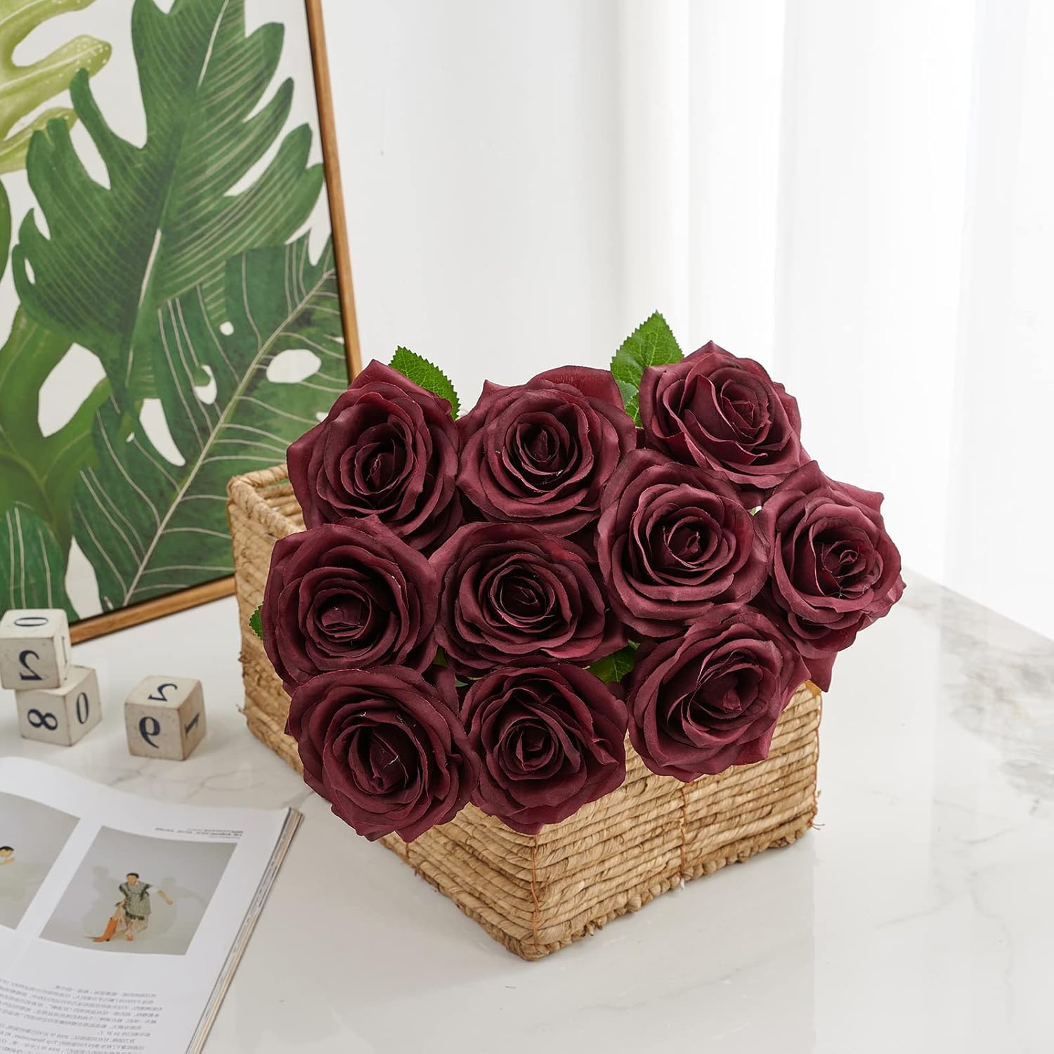 Artificial Rose 10pcs Open Flower Bouquet Faux Rose Stems for Wedding Arrangement, Bridal Bouquet, Centerpiece, Fake Faux Silk Flowers (Burgundy)
