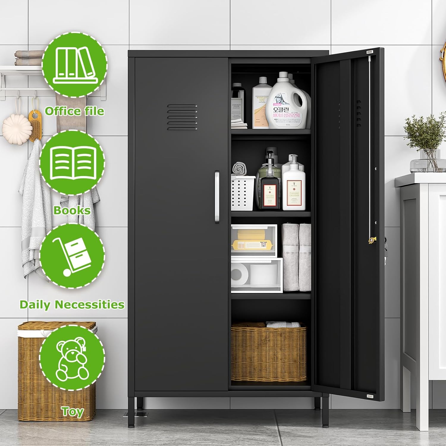 47" Metal Storage Locker, Lockable Employees Metal Locker with 2 Door and Adjustable Shelves, Steel Locker for Home, School, Office, Gym (Black)