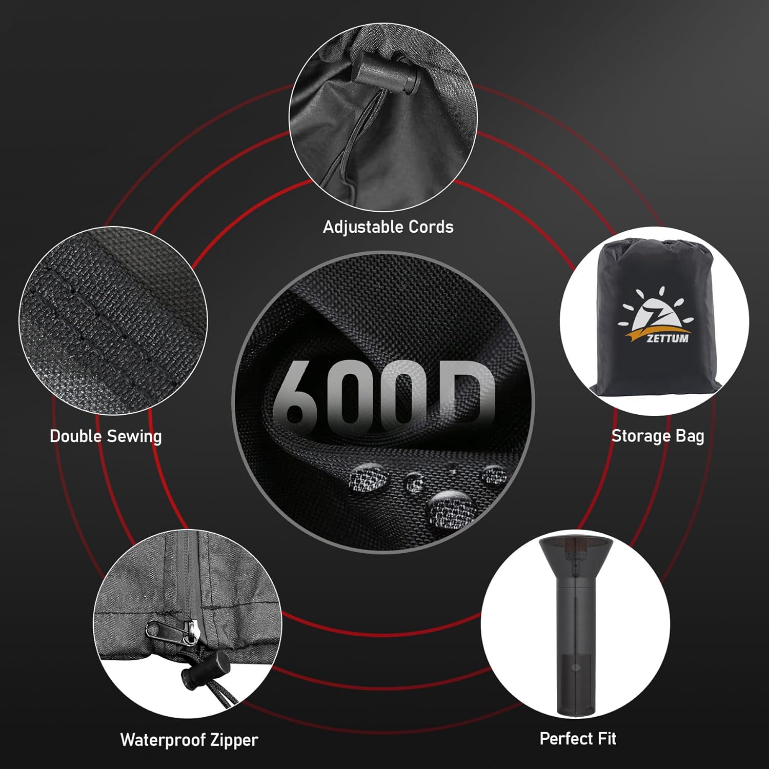 Patio Heater Covers - 600D Outdoor Heater Cover with Zipper Waterproof Heavy Duty, Propane Heat Cover for East Oak, Hampton Bay, Fire Sense and More (89" Height x 33" Dome x 19" Base)