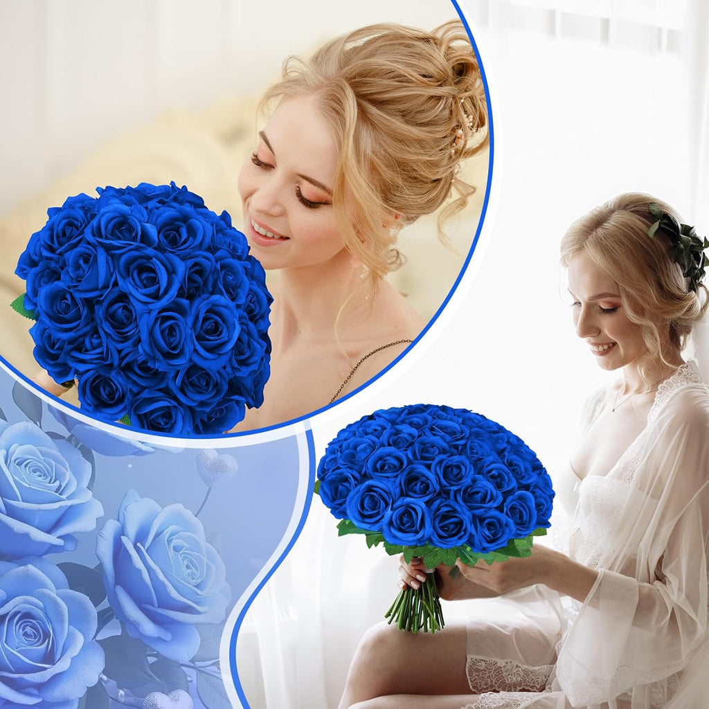 36 Pcs Royal Blue Artificial Roses with Long Stems, Blue Fake Silk Rose Artificial Flowers Bulk for Bridal Wedding Bouquet Centerpiece Ball Arrangement Party Decor
