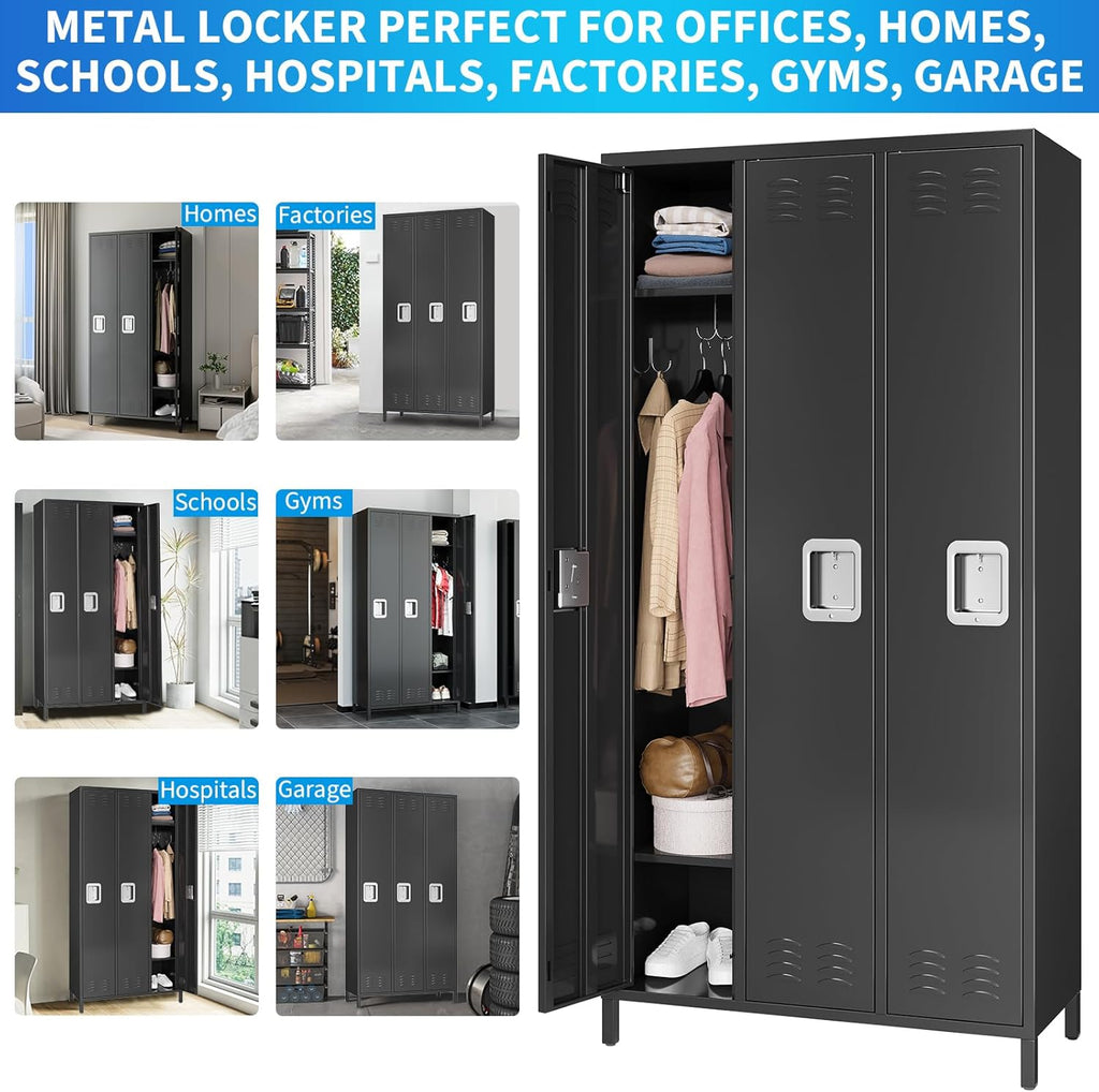 72" Metal Lockers for Employees with 3 Door, Black Metal Storage Cabinet with 9 Hooks, Industrial Locker, Assembly Required, for Gym, School, Classroom, Home, Office, Industrial