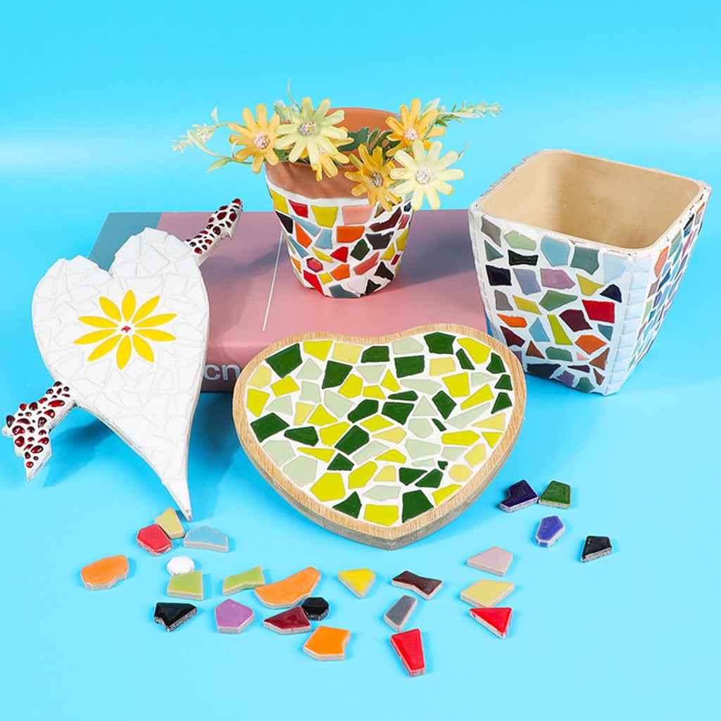 Mosaic Tiles for Crafts Assorted Color Ceramic Glitter Mosaic Supplies Pieces Bulk Square Triangles Trapezoids Polygons Irregular Size, 200g (Sky Blue)