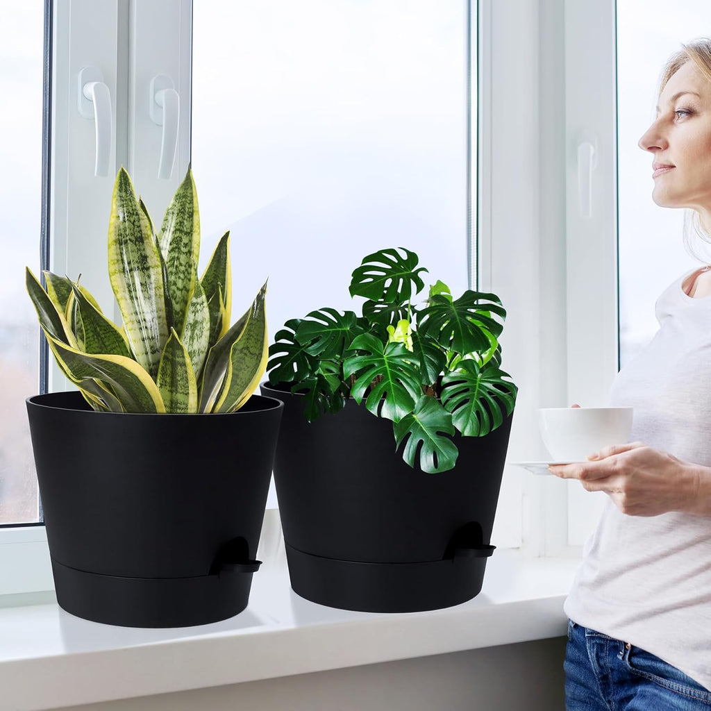 12 Inches Indoor Self Watering Planters with Drainage Holes and Saucers, 4 Pack (Black)