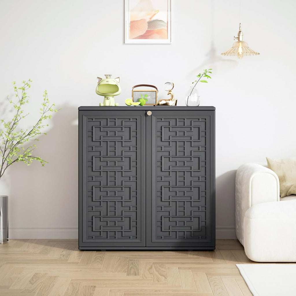 Storage Box Outdoor Caninet,Resin Indoor Storage Box Waterproof Outdoor Storage Cabinets for Patio/Garden/Backyard, Size 34.3''L*15''W*36.2''H(Grey)