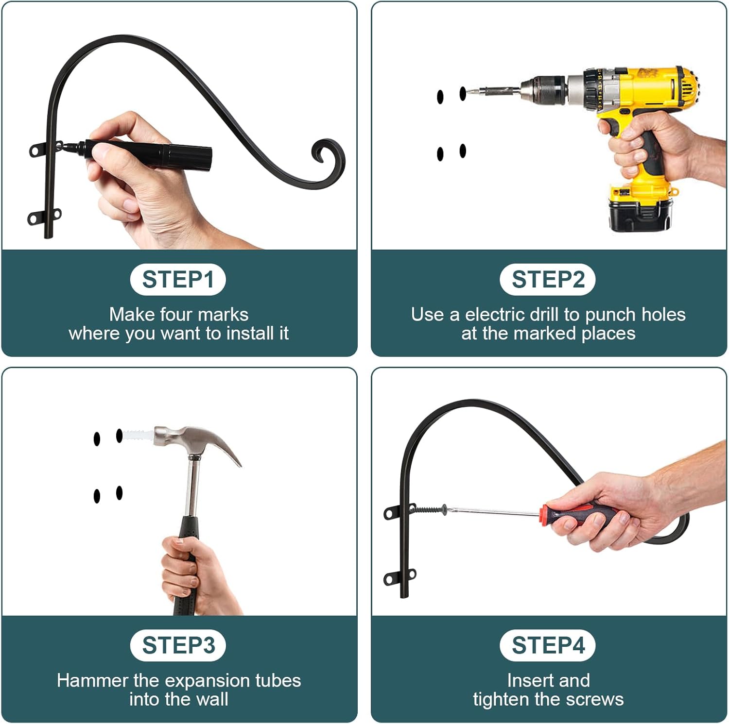 Plant Hangers Outdoor, 4 Pack 16 Inch Plant Hooks with 12 Chains for Wall Metal Plants Hanging Bracket for Bird Feeder, Flower Baskets, Wind Chimes, Lanterns, Indoor Outdoor, Black