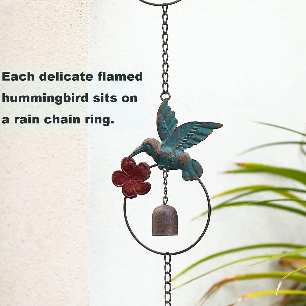 Jemeni 8.5' Length Flamed Hummingbird and Bell Rain Chain, Hanging Outdoor Garden Ornament, Colorful……