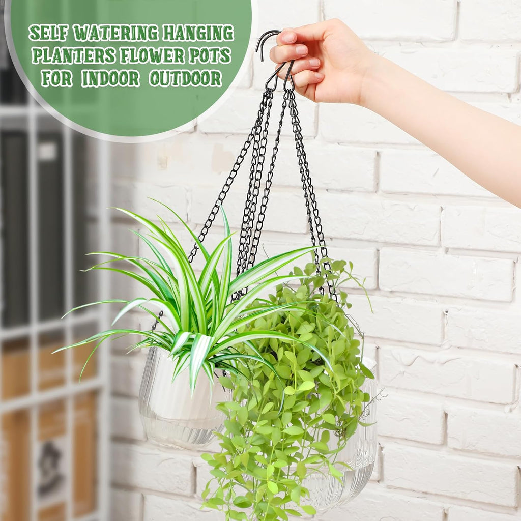 Maxcheck 4 Pcs Self Watering Hanging Planters Indoor Gift 6.5'' 4.5'' Hanging Flower Pots Baskets Outdoor Self Watering Plant with 3hooks Drainage Holes for Home(Grey,Clear)
